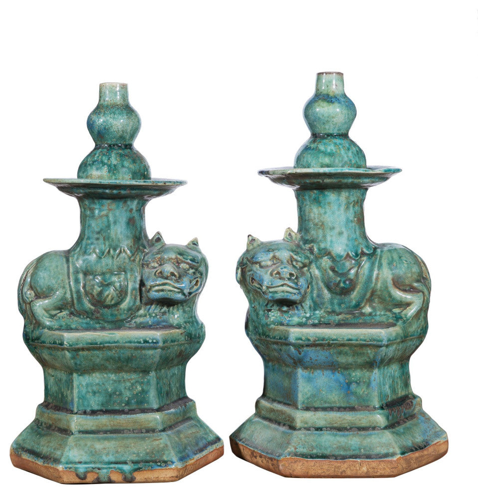 Speckled Green Lion Candle Holder Per Pair