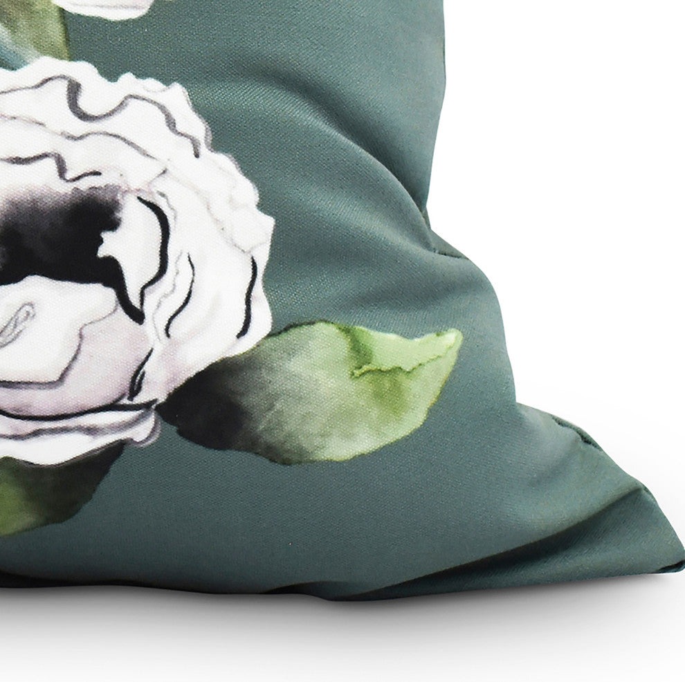 Radiant Rose Green Floral Print Decorative Outdoor Throw Pillow, 20"