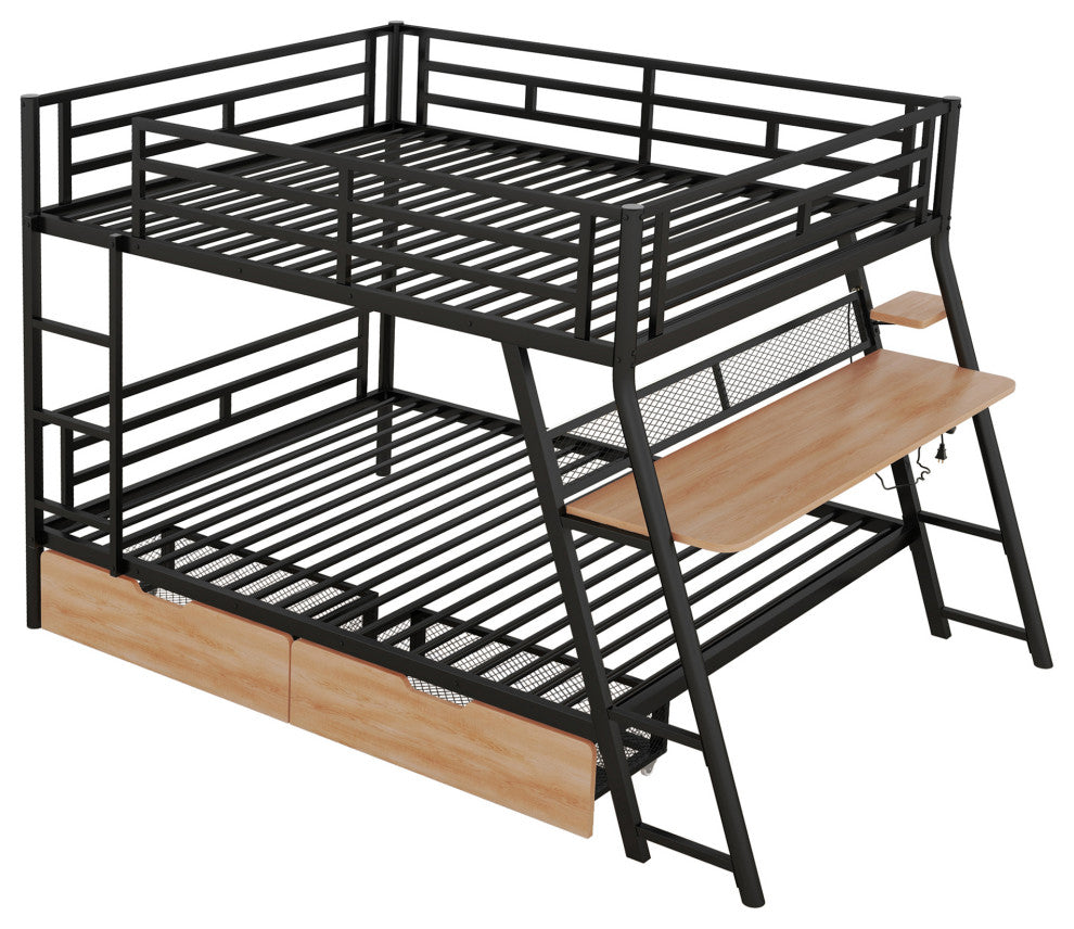 Gewnee Full Size Metal Bunk Bed with Built-in Desk, Light and 2 Drawers, Black