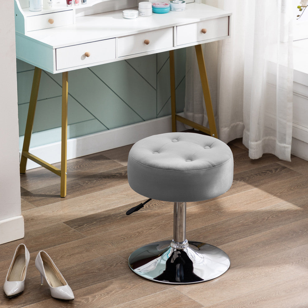 Round Swivel Velvet Vanity Stool, Grey, Standard