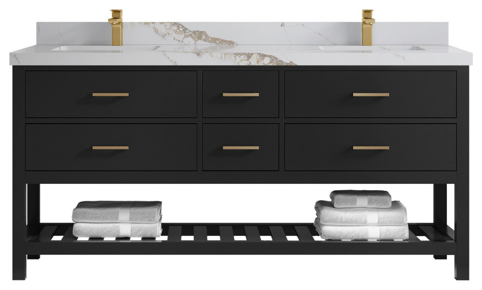 Parker 72" Double Sink Bath Vanity, Black 2" Calacatta Gold