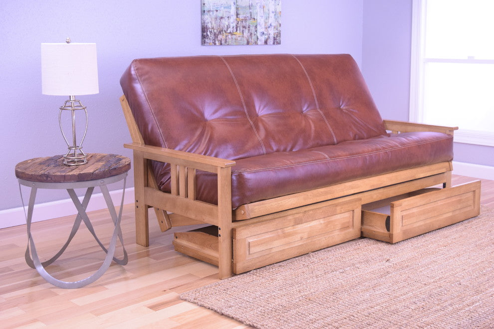 Caleb Frame Futon With Butternut Finish, Storage Drawers, Oregon Trail Saddle