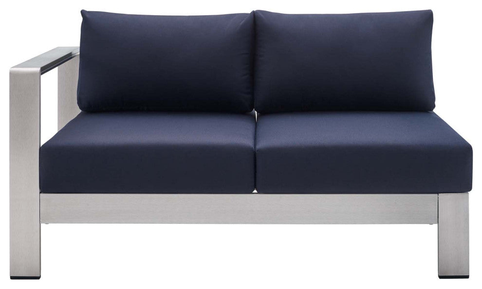 Shore Sunbrella Fabric Aluminum Outdoor Patio Left-Arm Loveseat Silver Navy