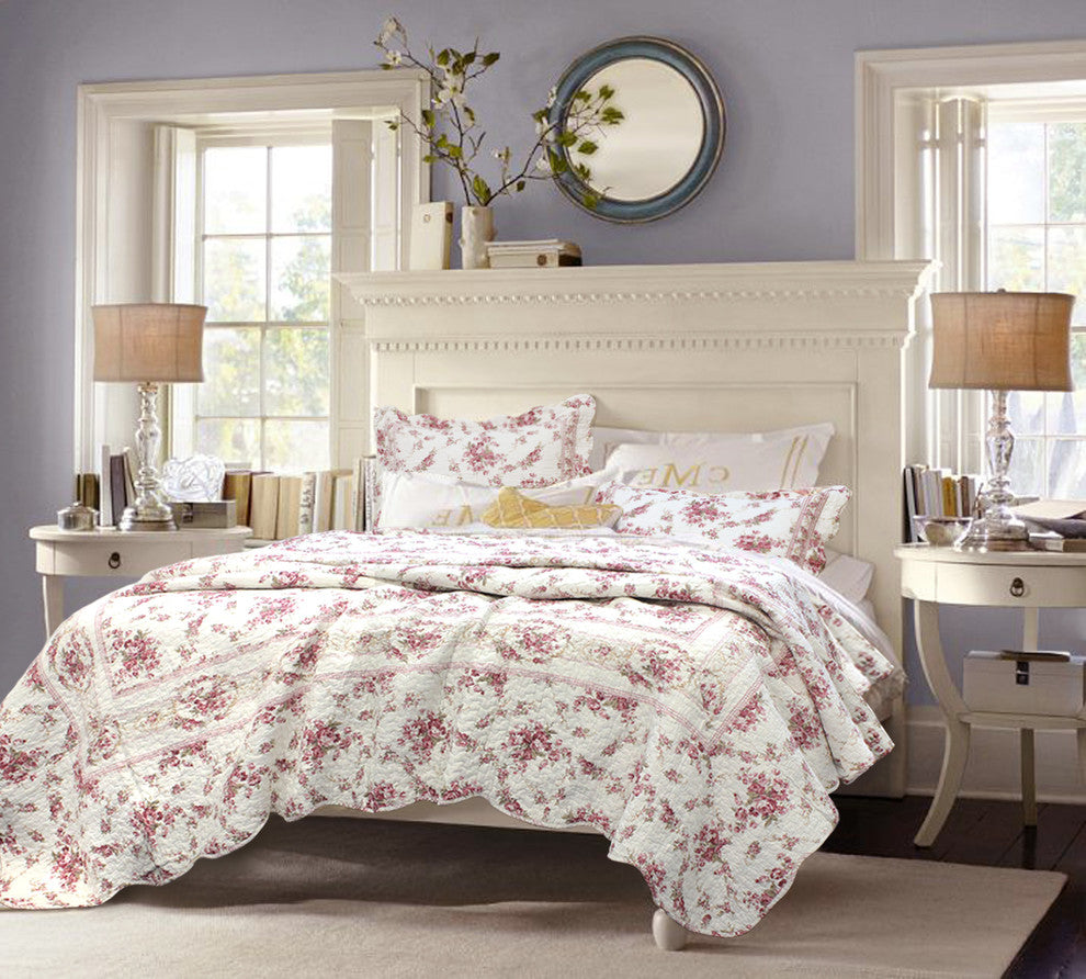 Cottage Rose Reversible 100%Cotton Quilt Set, Twin Set