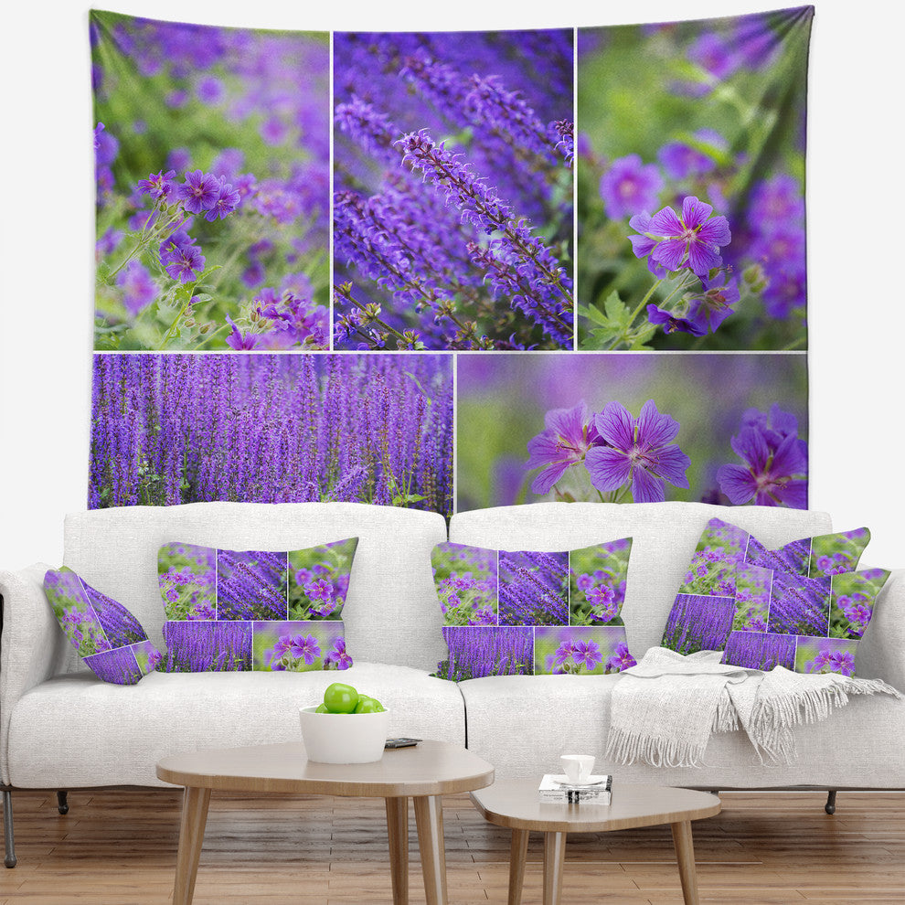 Blue Spring Flowers Collage Floral Wall Tapestry, 60"x50"