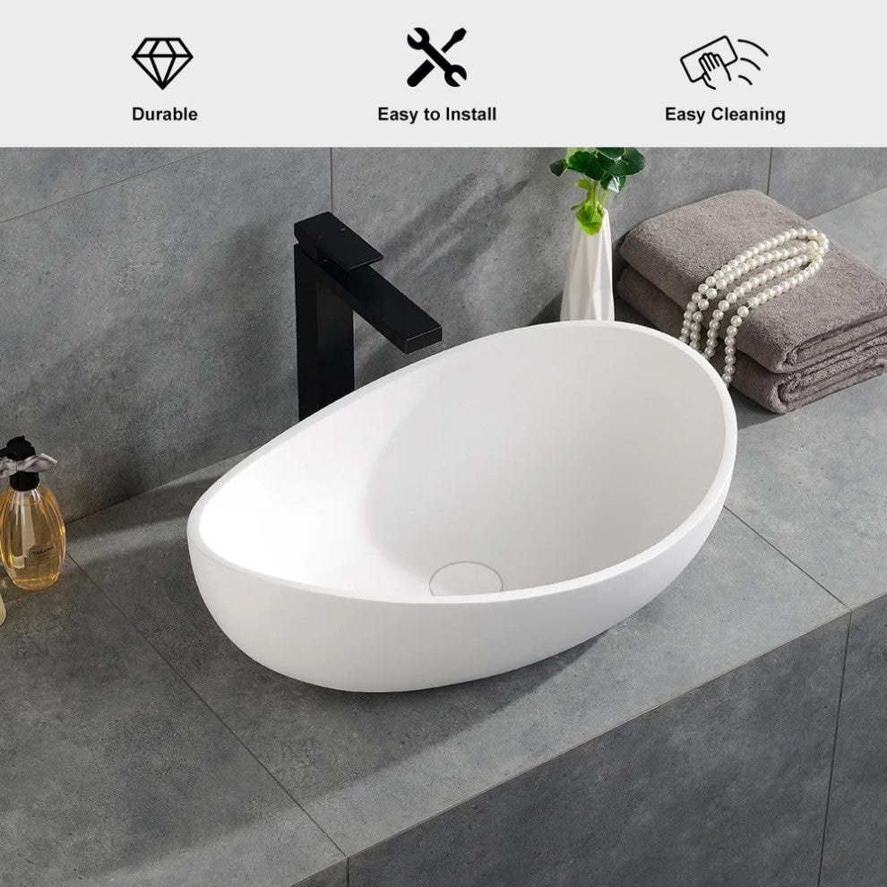 Bathroom Stone Resin Oval Vessel Sink Modern Art Sink with Pop Up Drain, Matte White