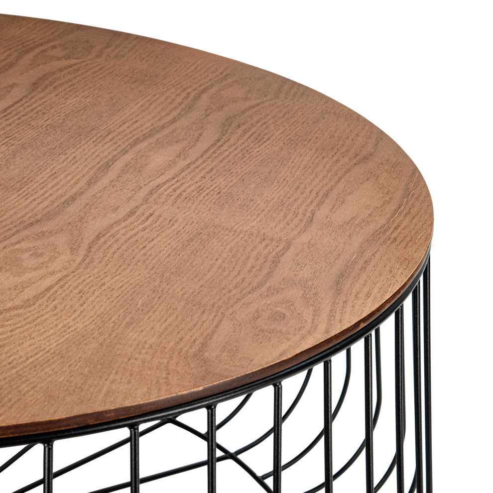 LeisureMod Runswick Round Coffee Table With Black Wire Steel Frame, Walnut