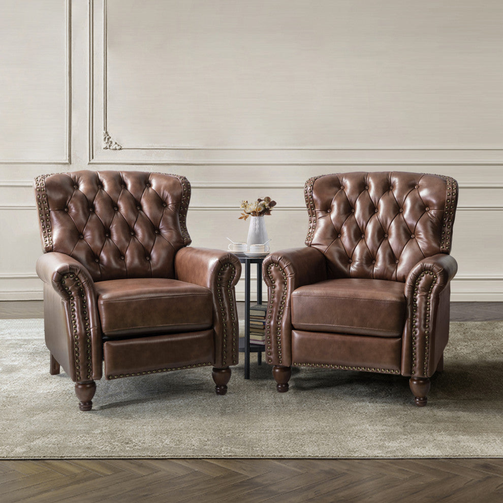 34.5"W Transitional Style Genuine Leather Recliner With Nailhead Trims, Brown