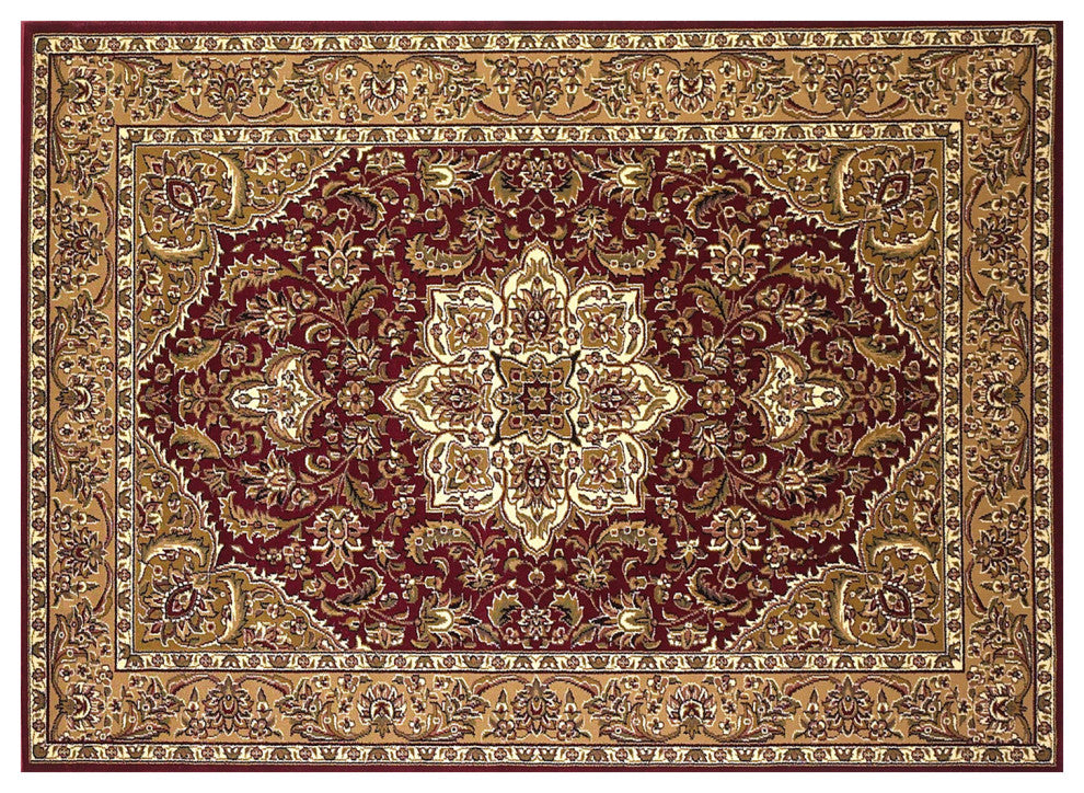 HomeRoots Red Beige Machine Woven Traditional Medallion Octagon Indoor Area Rug