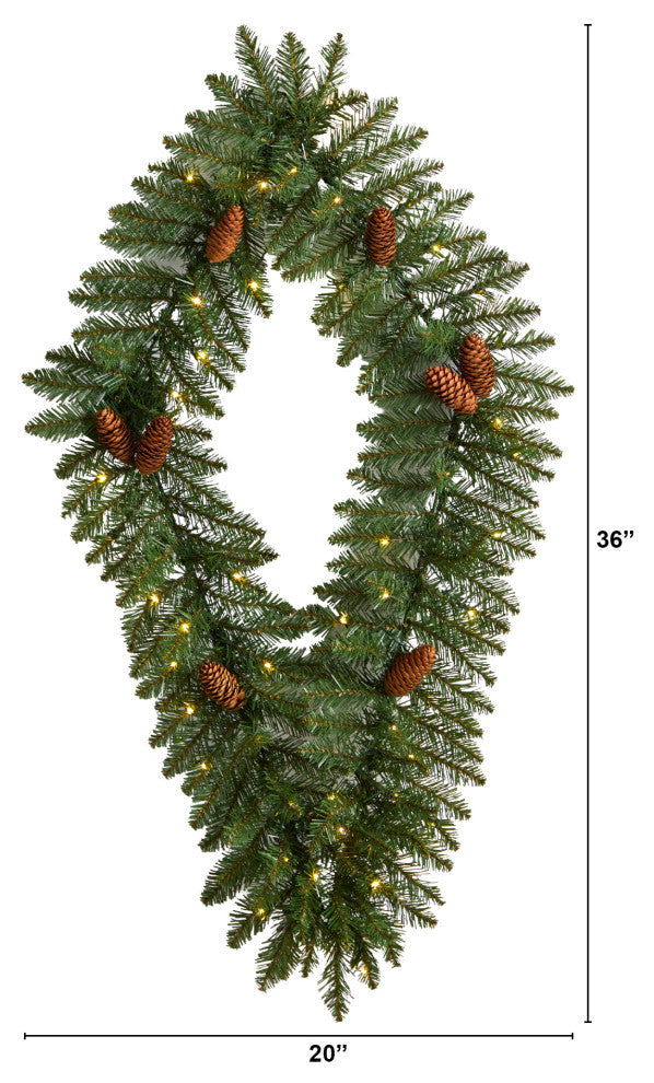 3' Holiday Xmas Geometric Diamond Wreath With Pinecones & Warm White LED Lights