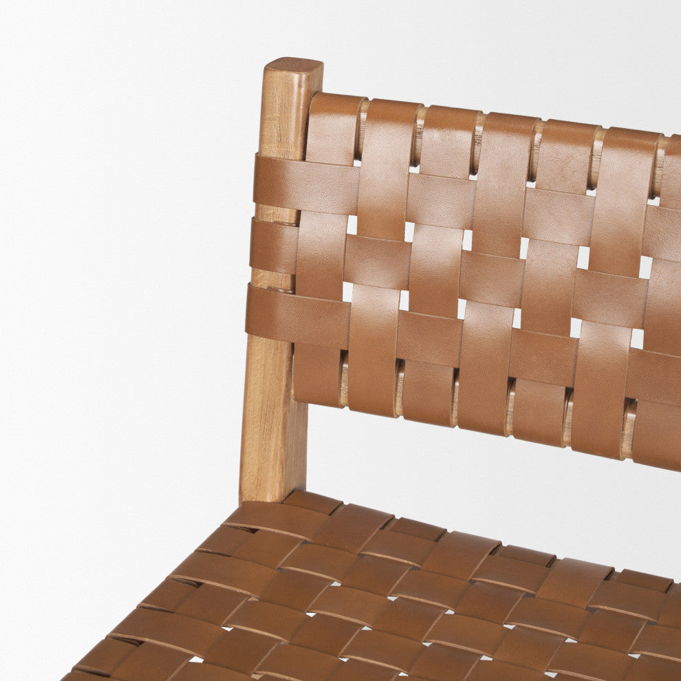 Shane Brown Wood With Woven Brown Leather Counter Stool