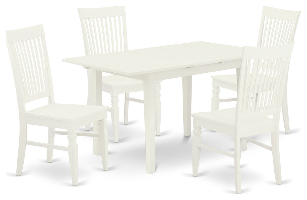 5Pc Dinette Set 4 Wood Dining Chairs, Butterfly Leaf Table, Linen White