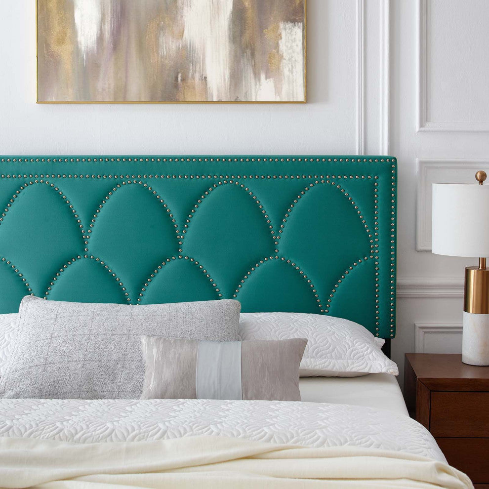 Platform Bed Frame, Nailhead, Queen Size, Teal Blue, Velvet, Modern