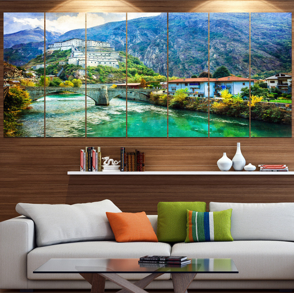 Valle d Aosta Castles Italy, Landscape Canvas Art Print, 83"x32", 7 Panels