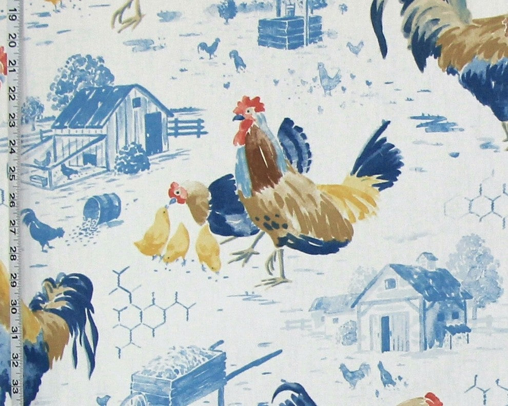 Blue chicken rooster toile fabric  farmhouse decorating , Standard Cut