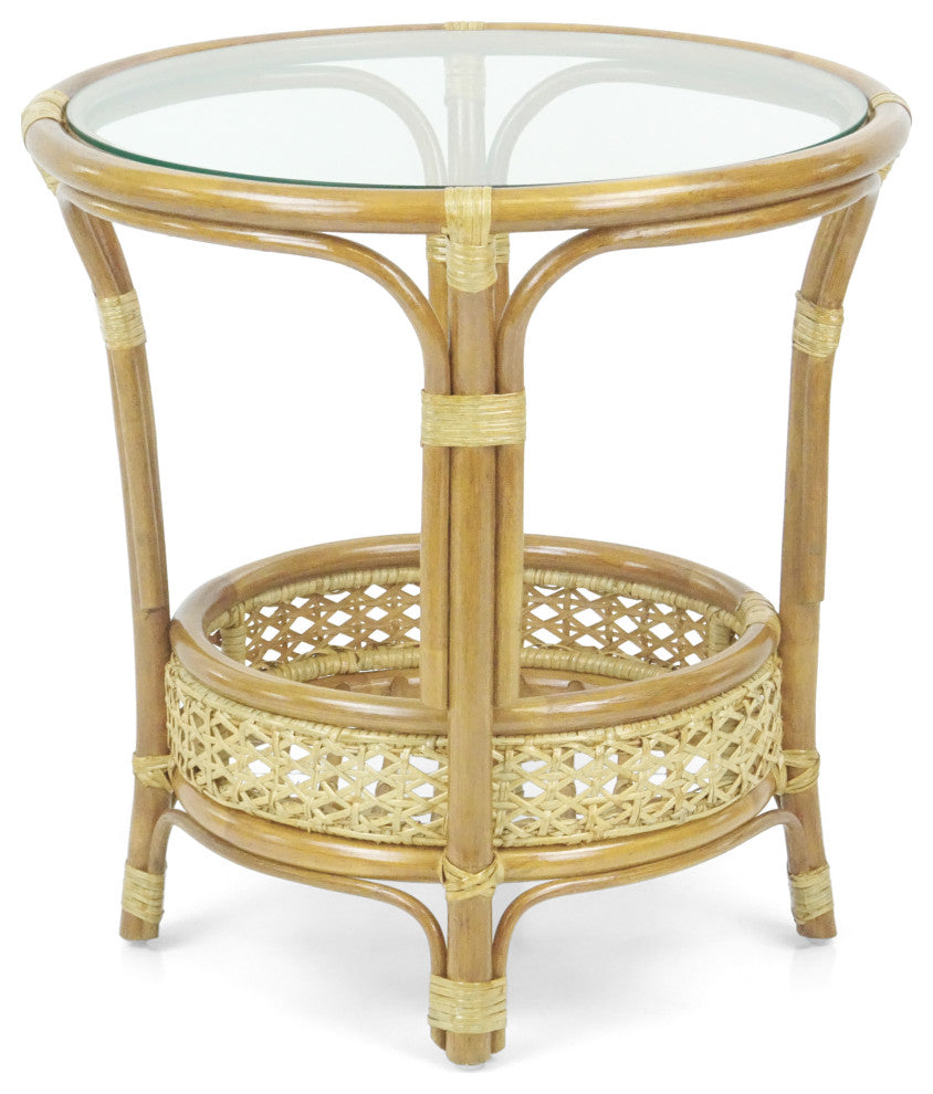 Pelangi Round Rattan Wicker Coffee Table With Glass, Natural