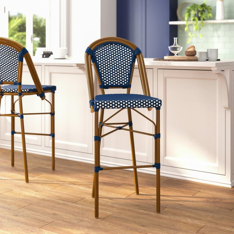 Set of 2 Stackable Indoor/Outdoor French Bistro 30" High Bar Stools, Navy & White/Natural Frame