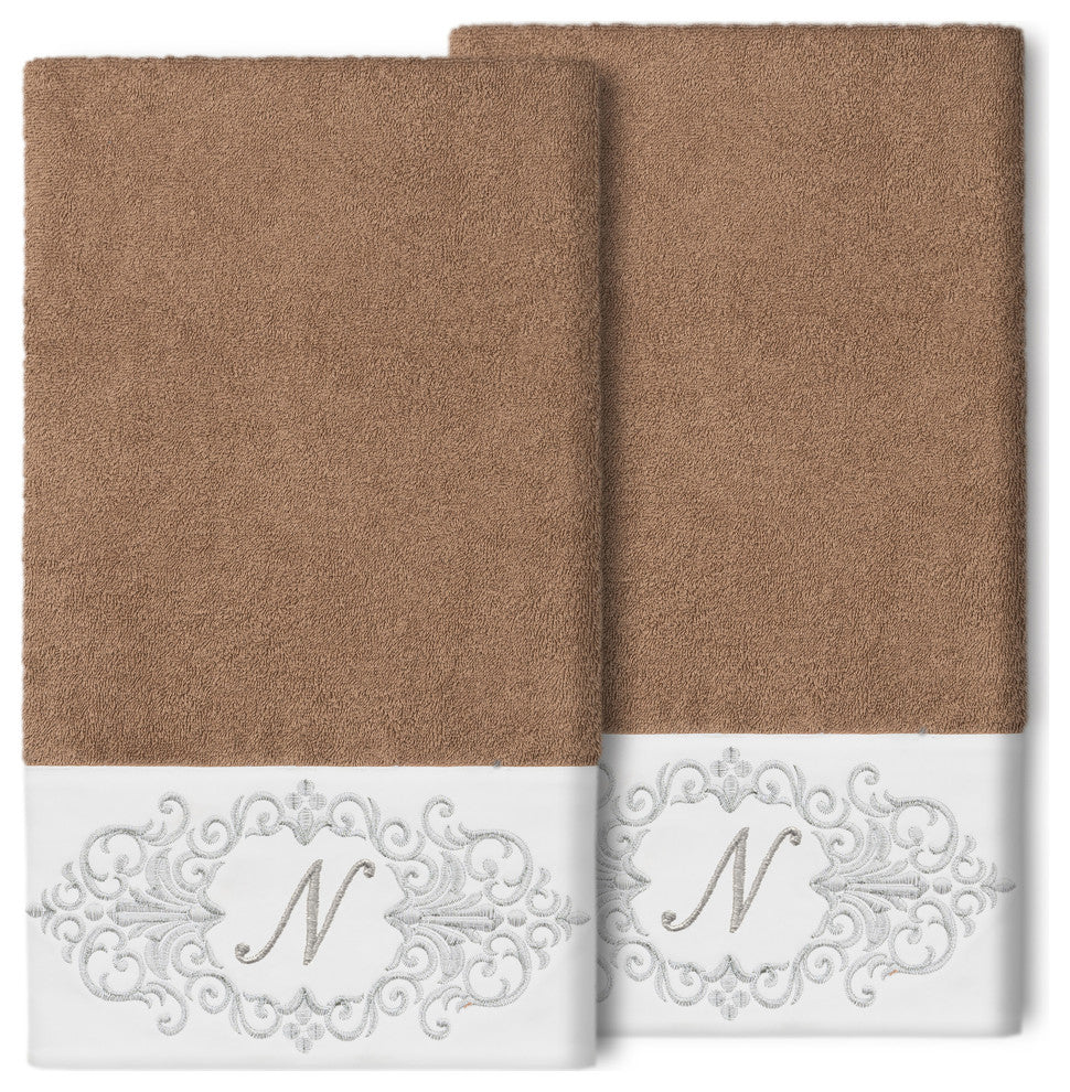 Linum Home Turkish Cotton Monica 2-Piece Embellished Bath Towel Set, Latte