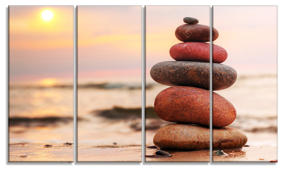 Stones Pyramid on Sand Symbolizing Zen, Landscape Canvas Art, 48"x28", 4 Panels
