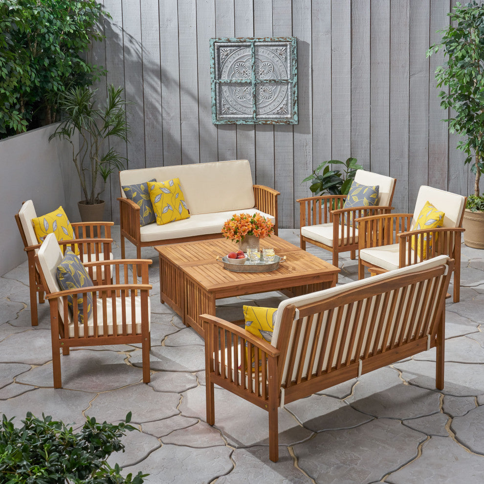 Beckley Outdoor 8-Piece Wood Sofa Seating Set with Water Resistant Cushion