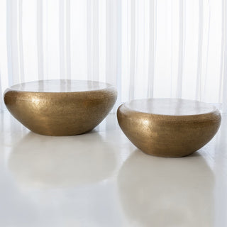 Hammered Brass Drum Round Coffee Table, Large Minimalist Modern Gold 47"
