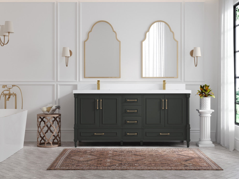 Aberdeen 72 Double Sink Bath Vanity in Black Top 2" White Quartz