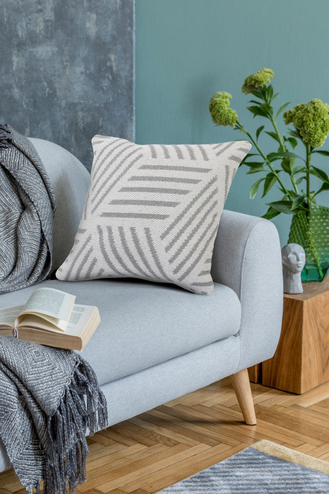 Ox Bay Handwoven White/Gray Geometric Organic Cotton Pillow Cover, 20"x20"