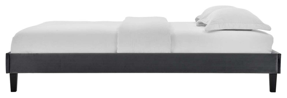 Platform Bed Frame, Full Size, Velvet, Dark Grey Gray, Modern Contemporary