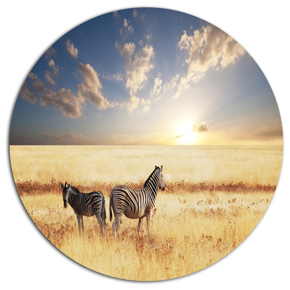 Zebras In Beautiful Grassland At Sunset, African Disc Artwork, 36"