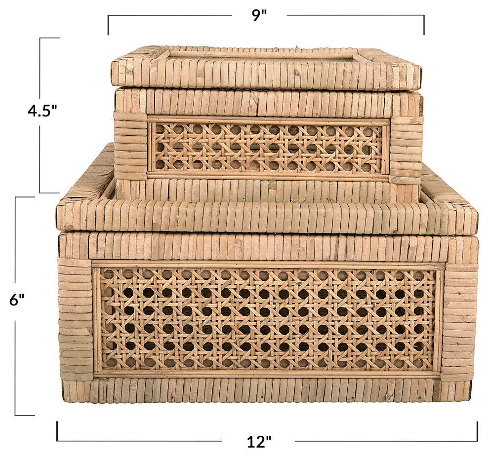 Olive Grove Woven Rattan Display Boxes, Glass Top, Square - Natural