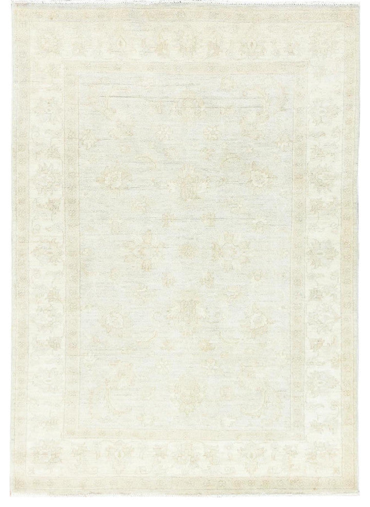 Ivory Organic Wool Hand Knotted Afghan Stone Washed Peshawar Rug 4'x5'10"
