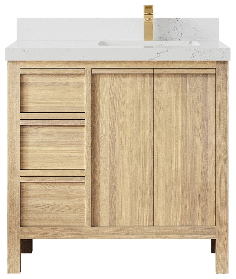 Elizabeth Oak 36" Right Offset Sink Vanity, White 2" Empira Quartz