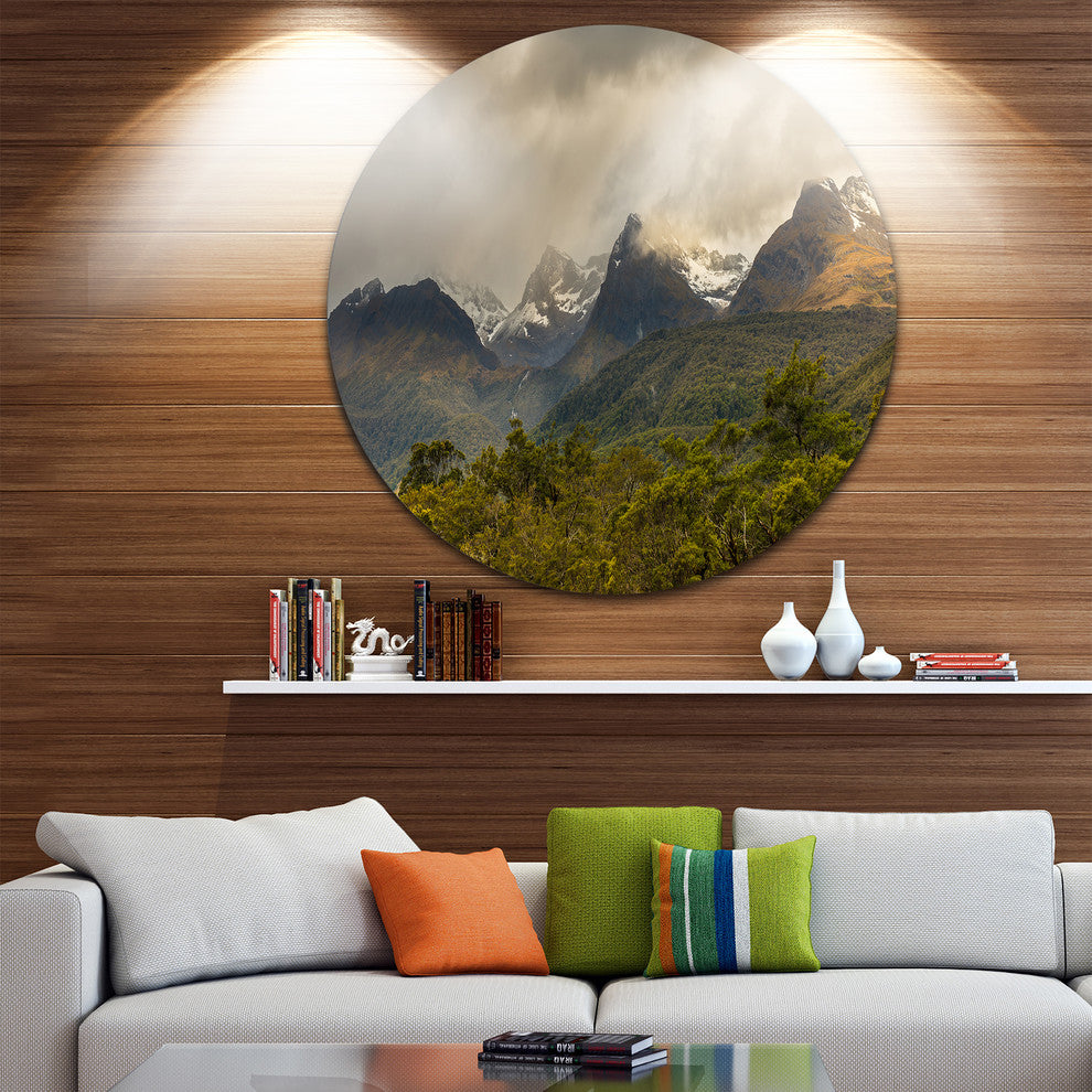 Green Mountains Under Stormy Clouds, Landscape Round Metal Artwork, 36"