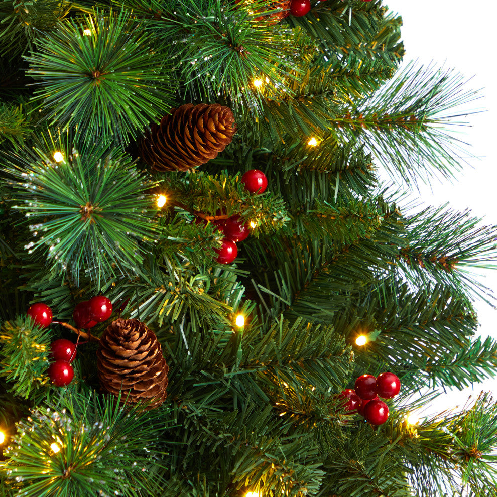 7' Flat Back Montreal Mountain Pine Faux Xmas Tree W/ Pinecones, Berries, Lights