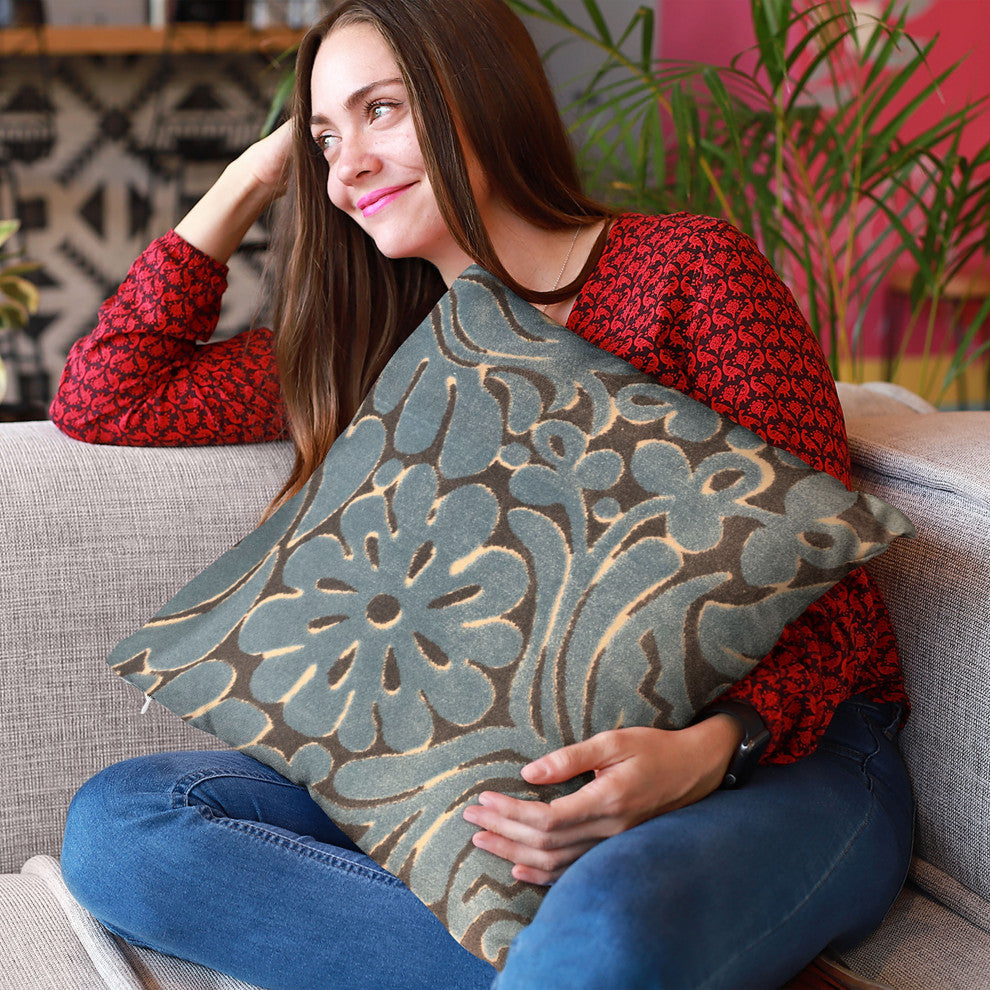 Plutus Blue Flower Velvet Paisley Luxury Throw Pillow, 12"x20"