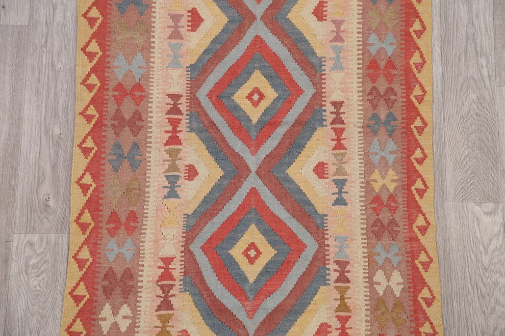 Turkish Flat-Woven Oriental Kilim Pure Wool Traditional Runner Rug, 6'8"X3'2"