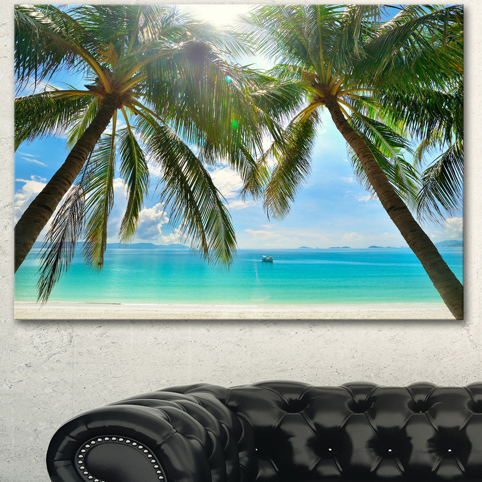 Palm Hanging over Sandy White Beach, Seashore Photo Canvas Art Print, 60"x28"