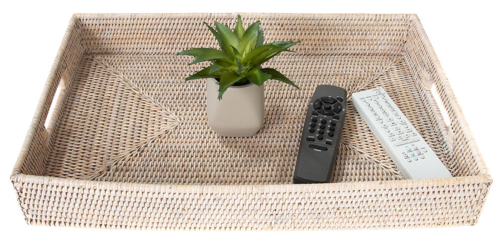 Artifacts Rattan Rectangular Tray With Cutout Handles, White Wash, Medium