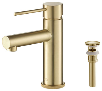 Circular X Brass Single Hole Bathroom Faucet KBF1010, Brush Gold, With Drain