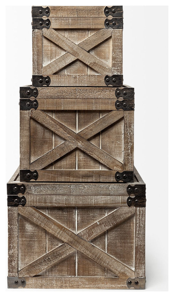 Set of Three Brown Wooden Storage Boxes
