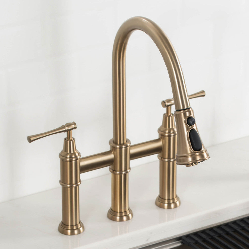 Allyn Traditional 3-Function Bridge Pull-Down Kitchen Faucet Brushed Gold