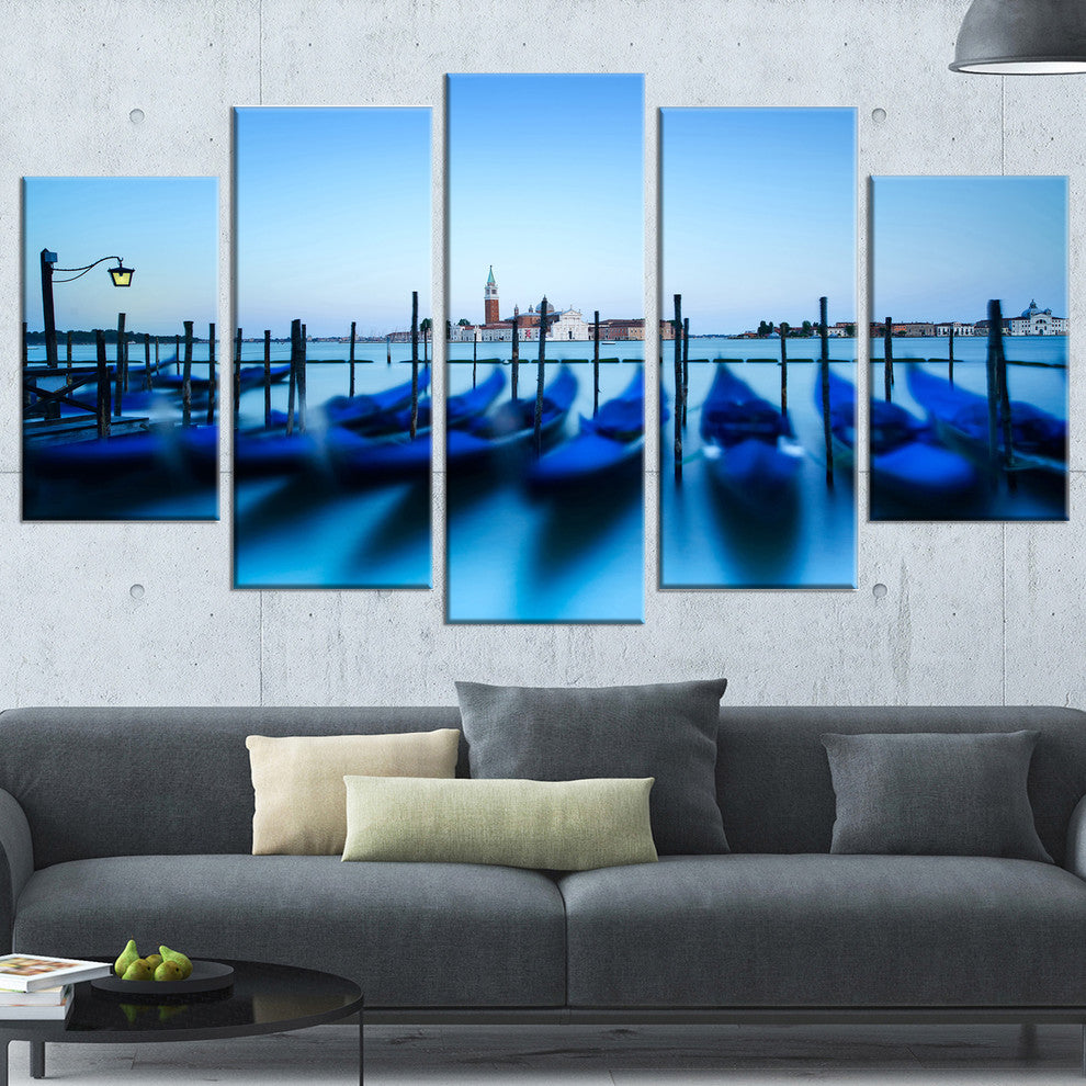 "Venice Gondolas At Blue Sunset" Seashore Wall Art, 5 Panels, 60"x32"