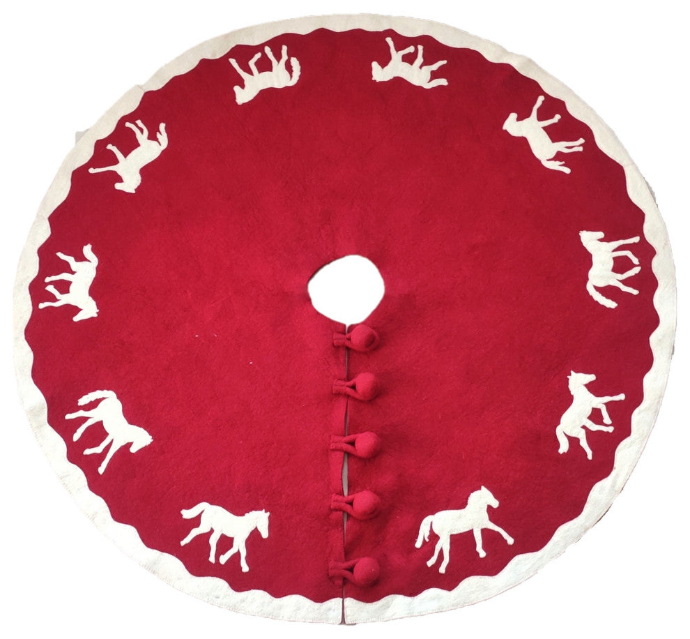 Handmade Christmas Tree Skirt in Felt, Horses on Red, 60"