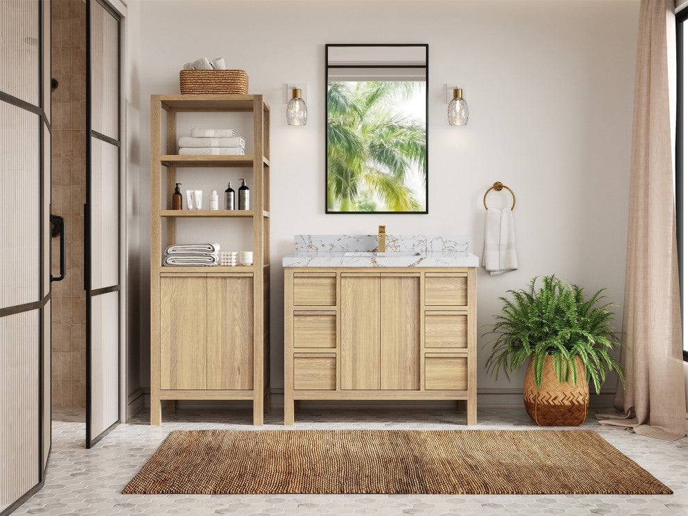 Elizabeth Oak 42" Single Sink Vanity, White 2" Viola Gold