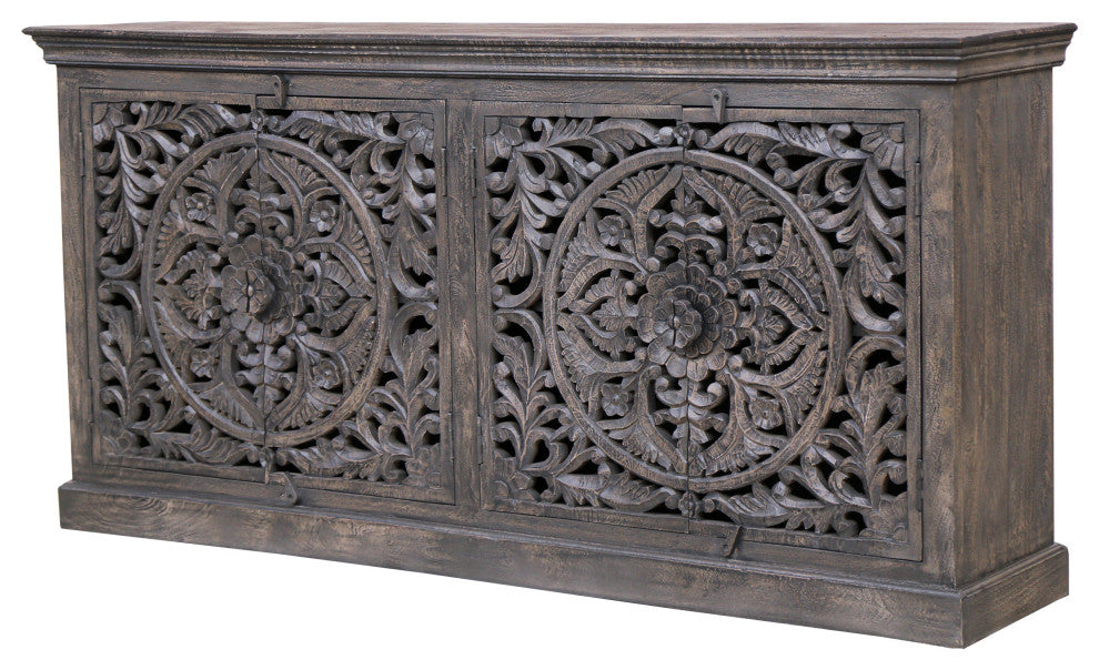 Carter Flores 4-Door Sideboard, Distressed Gray Finish on Mango Solid Wood