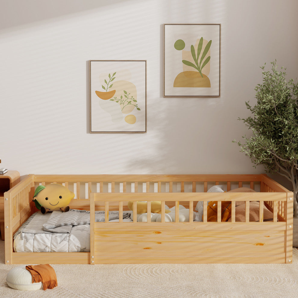 Gewnee Twin Floor Bed Frame with Fence