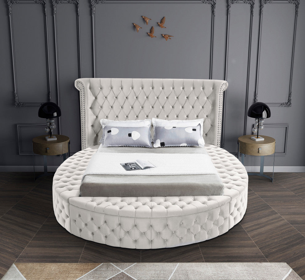 Luxus Button Tufted Velvet Round Bed, Cream, Queen