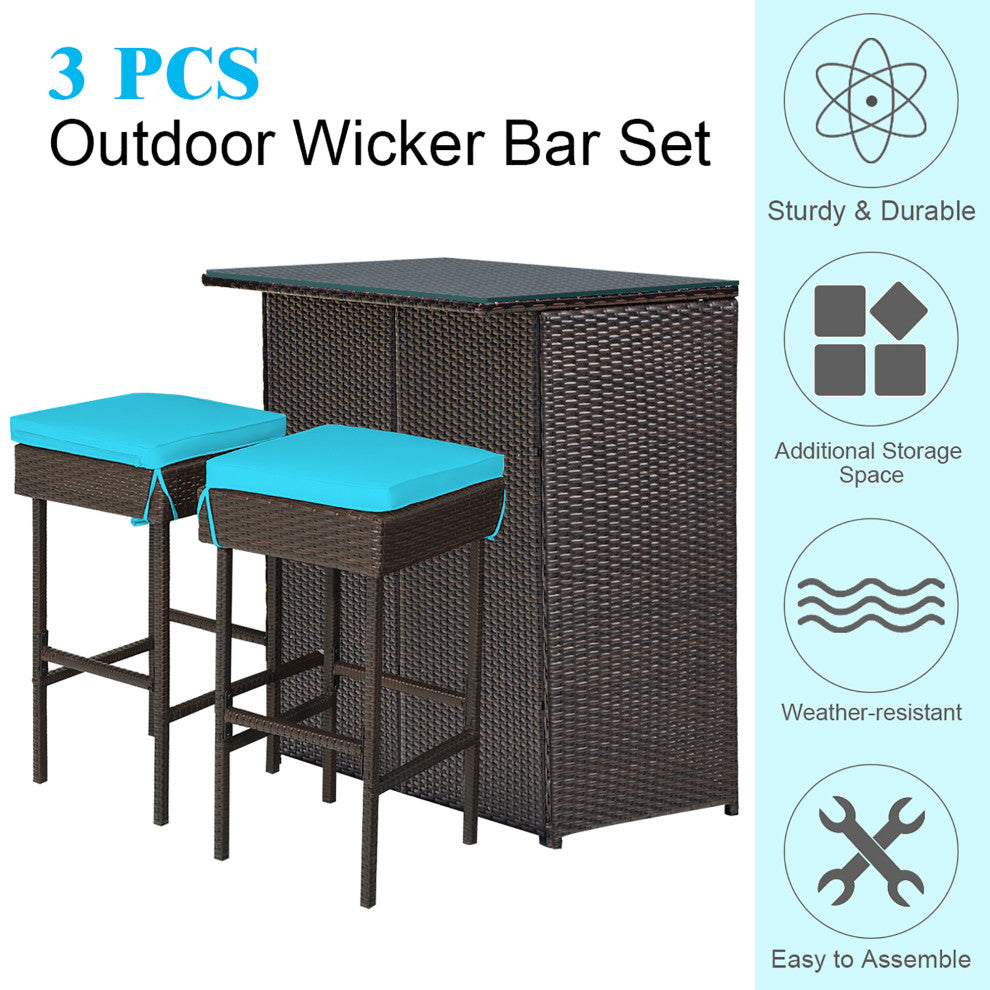 Costway 3PCS Patio Rattan Bar Table Dining Set Cushioned Turquoise