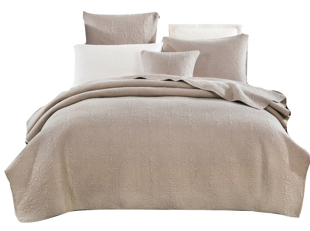 Neutral Beige Sand Dollar Floral Embossed Textured Quilted Bedspread Set, Queen