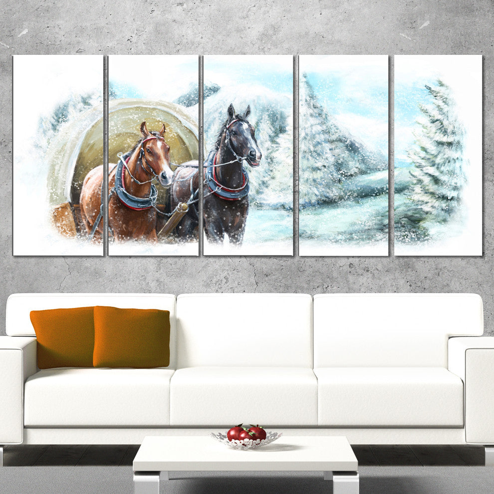"Painted Scene With Horses in Winter" Landscape Wall Art, 5 Panels, 60"x28"